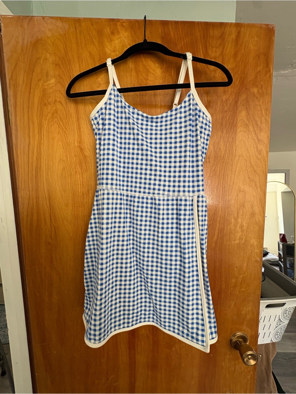 all in motion Blue and White Gingham Tank Dress with Cream Trim